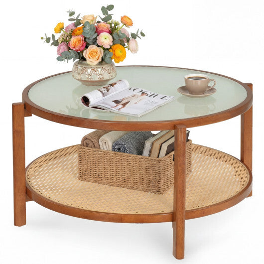 2-Tier Rattan Coffee Table with Frosted Tempered Glass Top and Wood Legs-Walnut LuxuryLifeWay Online Store