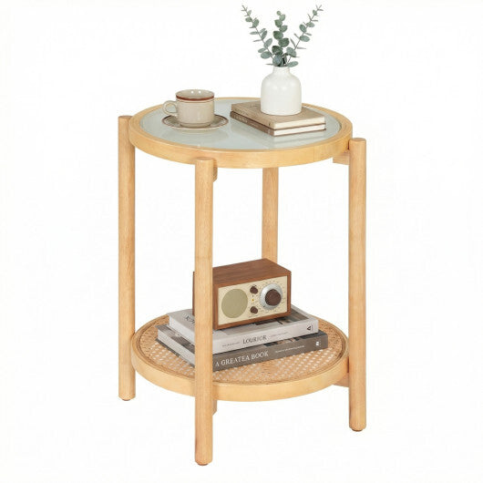Round Side Table 2-Tier Boho End Table with Tempered Glass Top-Natural LuxuryLifeWay Online Store