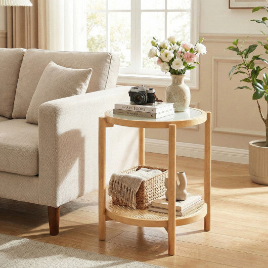 Round Side Table 2-Tier Boho End Table with Tempered Glass Top-Natural LuxuryLifeWay Online Store