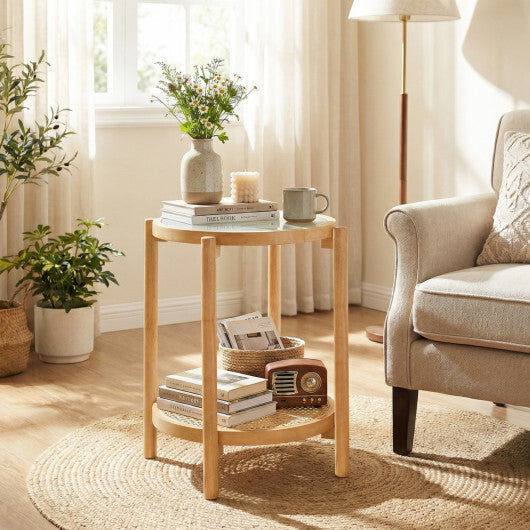 Round Side Table 2-Tier Boho End Table with Tempered Glass Top-Natural LuxuryLifeWay Online Store