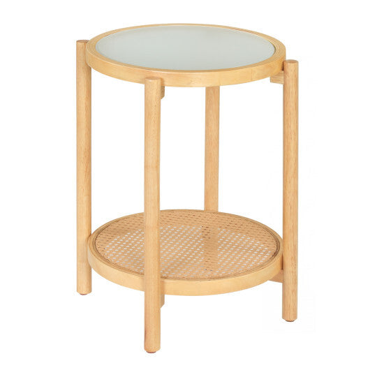 Round Side Table 2-Tier Boho End Table with Tempered Glass Top-Natural LuxuryLifeWay Online Store