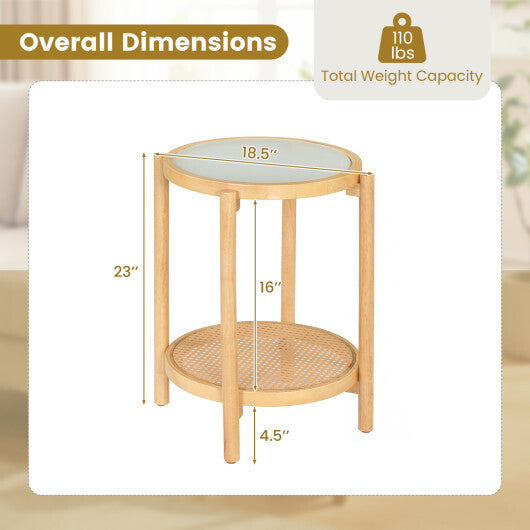 Round Side Table 2-Tier Boho End Table with Tempered Glass Top-Natural LuxuryLifeWay Online Store