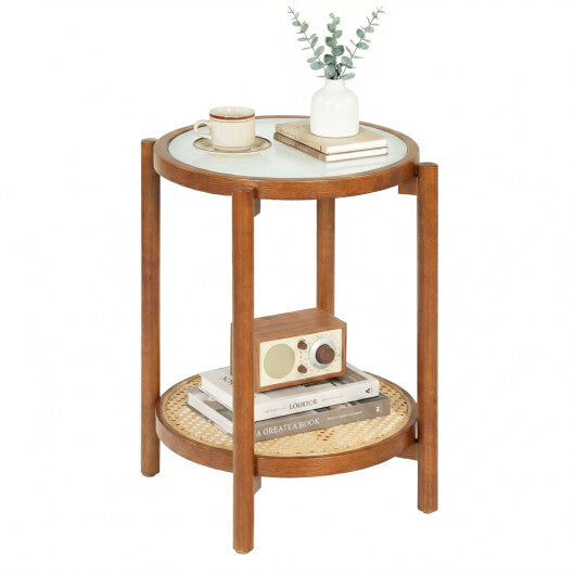 Round Side Table 2-Tier Boho End Table with Tempered Glass Top-Natural LuxuryLifeWay Online Store