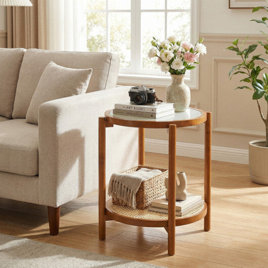 Round Side Table 2-Tier Boho End Table with Tempered Glass Top-Natural LuxuryLifeWay Online Store