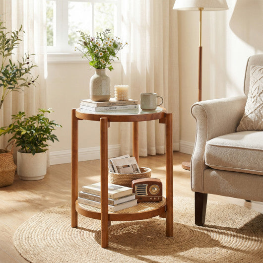 Round Side Table 2-Tier Boho End Table with Tempered Glass Top-Natural LuxuryLifeWay Online Store