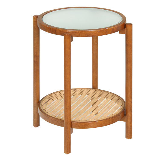Round Side Table 2-Tier Boho End Table with Tempered Glass Top-Natural LuxuryLifeWay Online Store