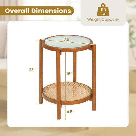 Round Side Table 2-Tier Boho End Table with Tempered Glass Top-Natural LuxuryLifeWay Online Store