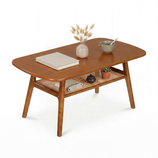 2-Tier Boho Rattan Coffee Table with Rounded Corners-Walnut LuxuryLifeWay Online Store