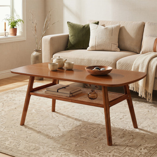 2-Tier Boho Rattan Coffee Table with Rounded Corners-Walnut LuxuryLifeWay Online Store