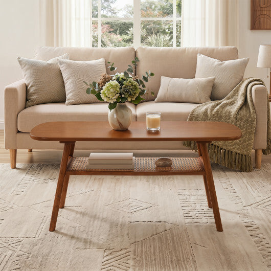 2-Tier Boho Rattan Coffee Table with Rounded Corners-Walnut LuxuryLifeWay Online Store