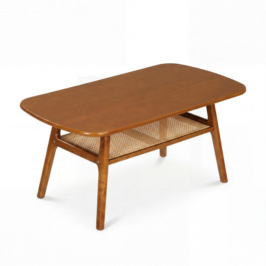 2-Tier Boho Rattan Coffee Table with Rounded Corners-Walnut LuxuryLifeWay Online Store