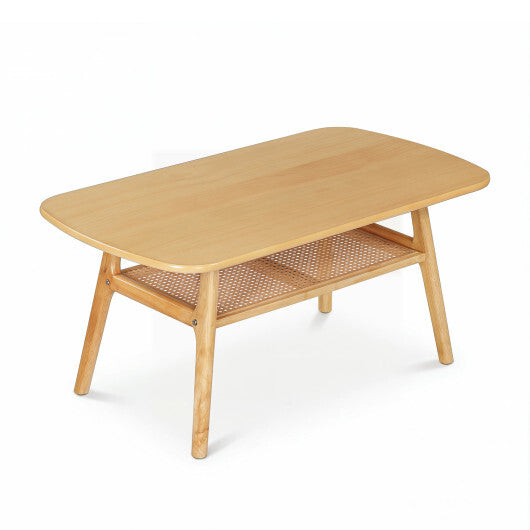 2-Tier Boho Rattan Coffee Table with Rounded Corners-Walnut LuxuryLifeWay Online Store