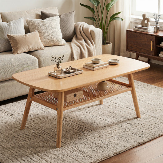 2-Tier Boho Rattan Coffee Table with Rounded Corners-Walnut LuxuryLifeWay Online Store