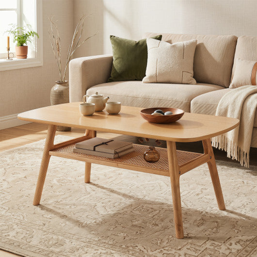 2-Tier Boho Rattan Coffee Table with Rounded Corners-Walnut LuxuryLifeWay Online Store