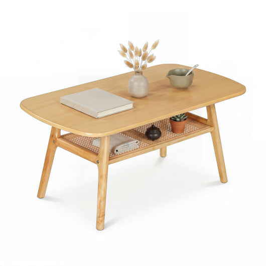 2-Tier Boho Rattan Coffee Table with Rounded Corners-Walnut LuxuryLifeWay Online Store