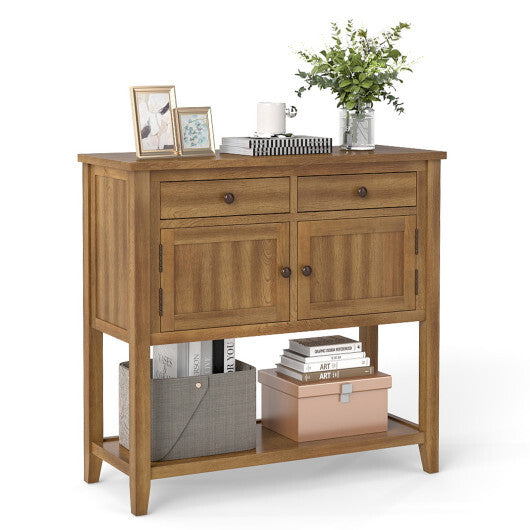 Mid-Century Console Table Wood Coffee Bar Buffet Sideboard with 2 Drawers-Walnut