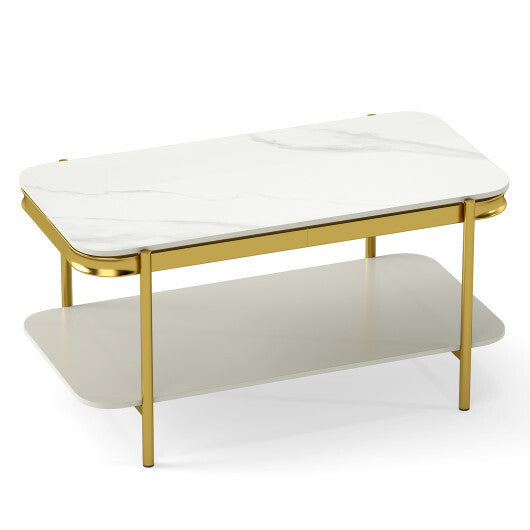 2-Tier Modern Rectangular Coffee Table with Sintered Stone Top-White LuxuryLifeWay Online Store