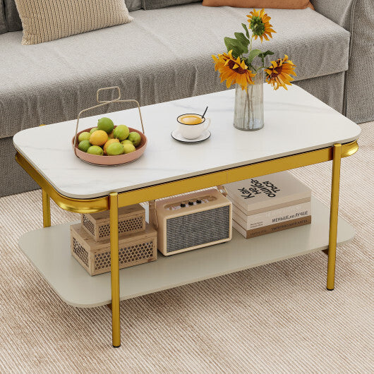 2-Tier Modern Rectangular Coffee Table with Sintered Stone Top-White LuxuryLifeWay Online Store
