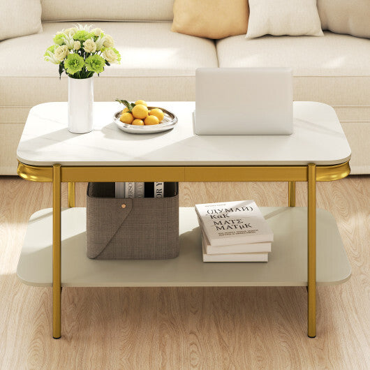 2-Tier Modern Rectangular Coffee Table with Sintered Stone Top-White LuxuryLifeWay Online Store