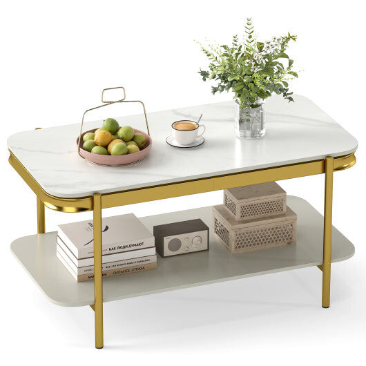 2-Tier Modern Rectangular Coffee Table with Sintered Stone Top-White LuxuryLifeWay Online Store