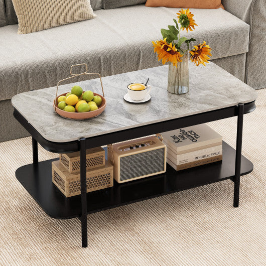 2-Tier Modern Rectangular Coffee Table with Sintered Stone Top-White LuxuryLifeWay Online Store