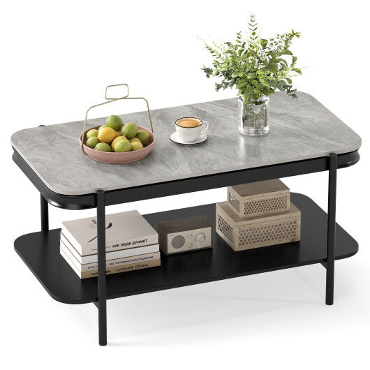 2-Tier Modern Rectangular Coffee Table with Sintered Stone Top-White LuxuryLifeWay Online Store