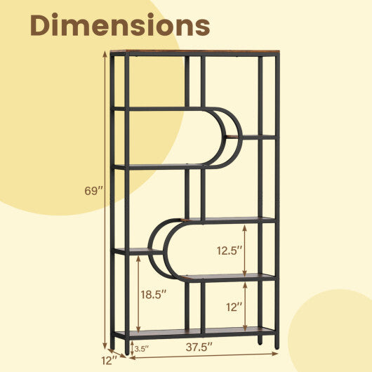 5-Tier Bookshelf Tall Etagere Bookcase with Open Storage Shelves and U Shape-Rustic Brown LuxuryLifeWay Online Store