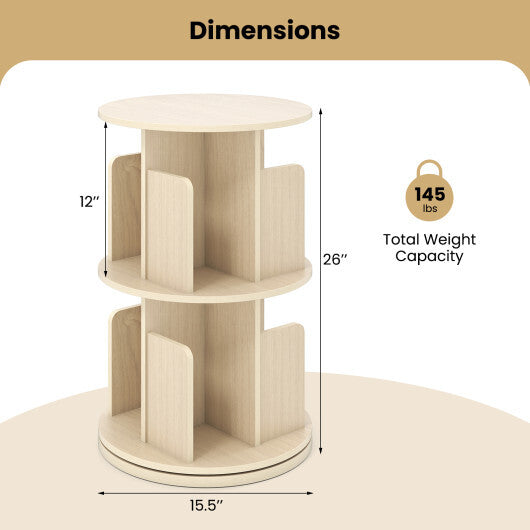 2-Tier Rotating Bookshelf with Dividers and Anti-falling Baffles-Natural