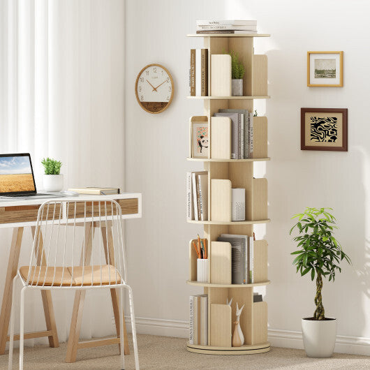 5-Tier Rotating Bookshelf 360 Display Rack with Dividers and Anti-falling Baffles-White