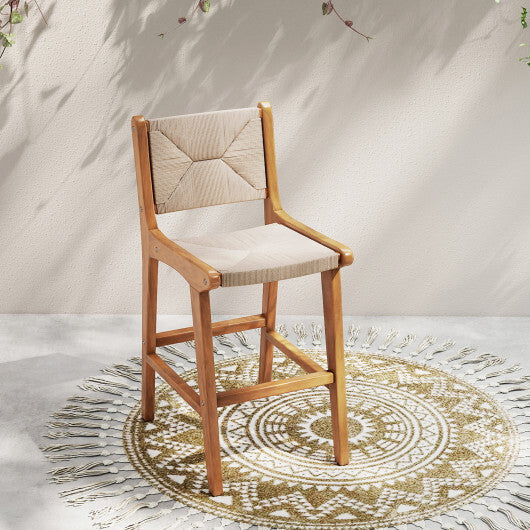Set of 1 Outdoor Counter Height Bar Stool Woven Paper Rope Patio Barstool with Teak Wood Frame LuxuryLifeWay Online Store