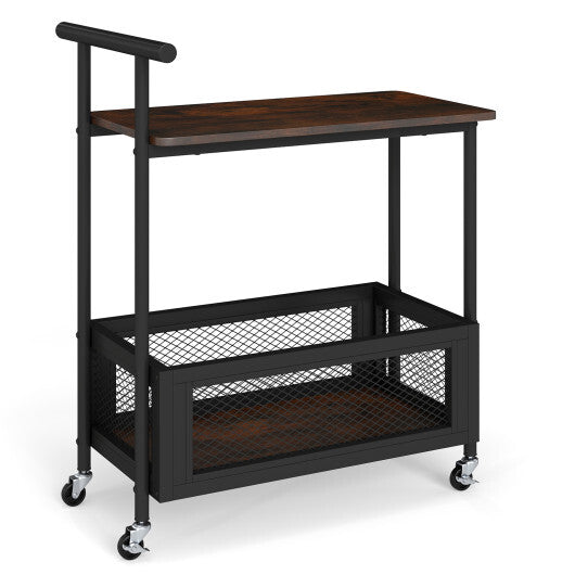 2-Tier Rolling End Table with Handle and Mesh Basket-Rustic Brown LuxuryLifeWay Online Store