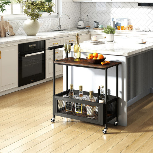 2-Tier Rolling End Table with Handle and Mesh Basket-Rustic Brown LuxuryLifeWay Online Store