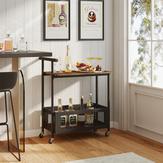 2-Tier Rolling End Table with Handle and Mesh Basket-Rustic Brown LuxuryLifeWay Online Store