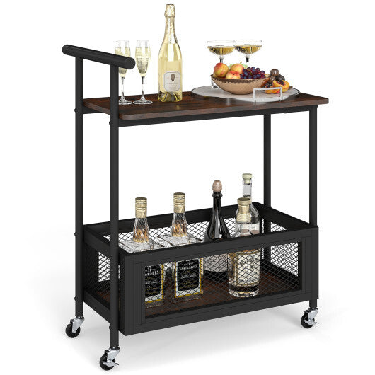 2-Tier Rolling End Table with Handle and Mesh Basket-Rustic Brown LuxuryLifeWay Online Store