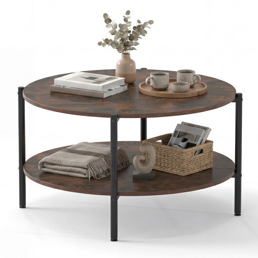 Round Coffee Table 2-Tier Industrial Accent Table with Open Storage Shelf-Rustic Brown LuxuryLifeWay Online Store