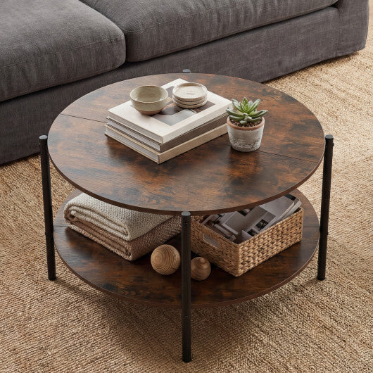 Round Coffee Table 2-Tier Industrial Accent Table with Open Storage Shelf-Rustic Brown LuxuryLifeWay Online Store
