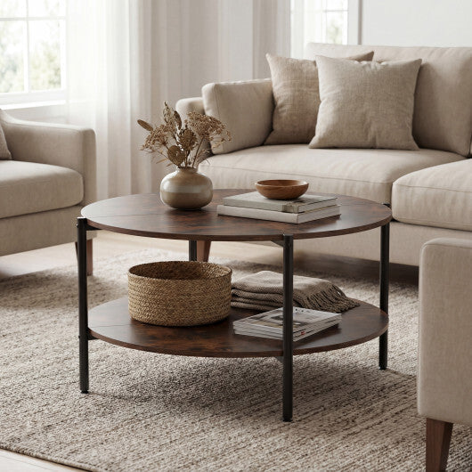 Round Coffee Table 2-Tier Industrial Accent Table with Open Storage Shelf-Rustic Brown LuxuryLifeWay Online Store