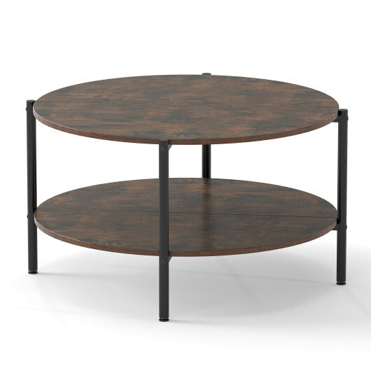 Round Coffee Table 2-Tier Industrial Accent Table with Open Storage Shelf-Rustic Brown LuxuryLifeWay Online Store