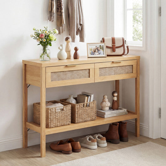 Rattan Console Table with 2 Drawers and Bottom Shelf-Natural LuxuryLifeWay Online Store