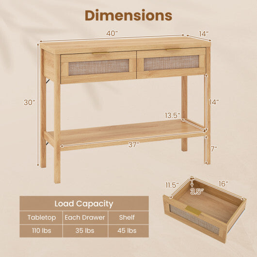 Rattan Console Table with 2 Drawers and Bottom Shelf-Natural LuxuryLifeWay Online Store