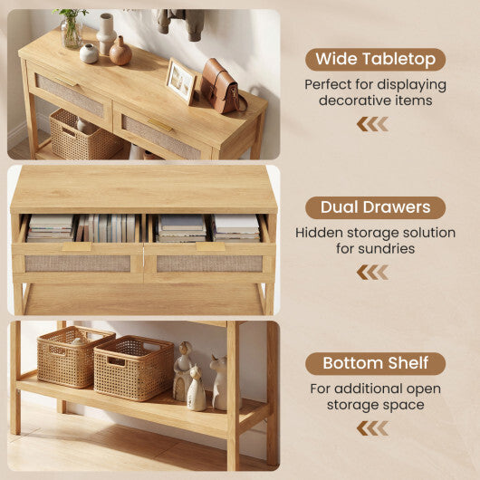 Rattan Console Table with 2 Drawers and Bottom Shelf-Natural LuxuryLifeWay Online Store