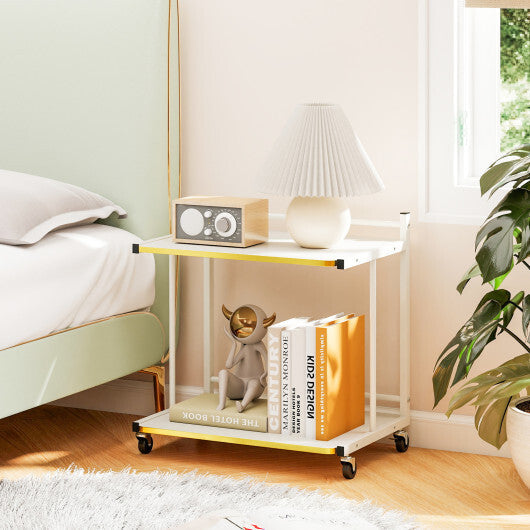 Mobile Side Table 2-Tier Rolling End Table with Open Shelves & Golden Trimmed Edges-White LuxuryLifeWay Online Store