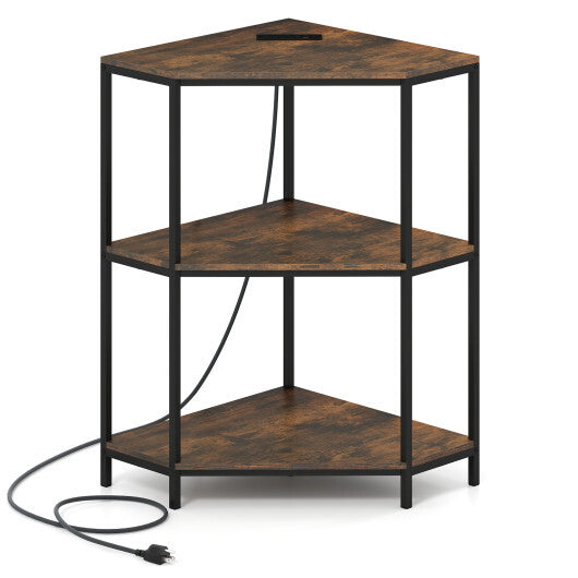 Corner Printer Stand 3-Tier Corner Shelf with Charging Station and Metal Frame-Rustic Brown LuxuryLifeWay Online Store