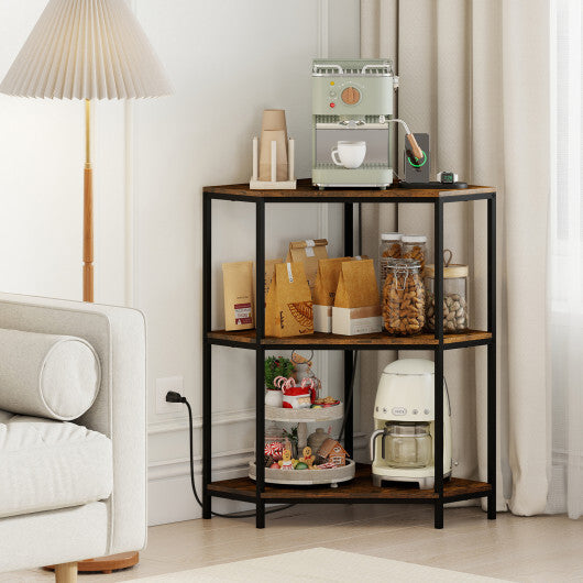 Corner Printer Stand 3-Tier Corner Shelf with Charging Station and Metal Frame-Rustic Brown LuxuryLifeWay Online Store