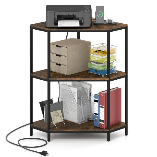 Corner Printer Stand 3-Tier Corner Shelf with Charging Station and Metal Frame-Rustic Brown LuxuryLifeWay Online Store