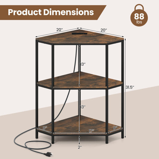 Corner Printer Stand 3-Tier Corner Shelf with Charging Station and Metal Frame-Rustic Brown LuxuryLifeWay Online Store