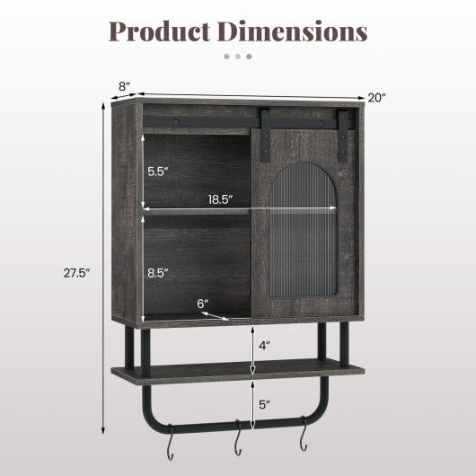 Bathroom Wall Cabinet with Sliding Barn Door and Metal Hanging Bar with 3 Hooks-Black