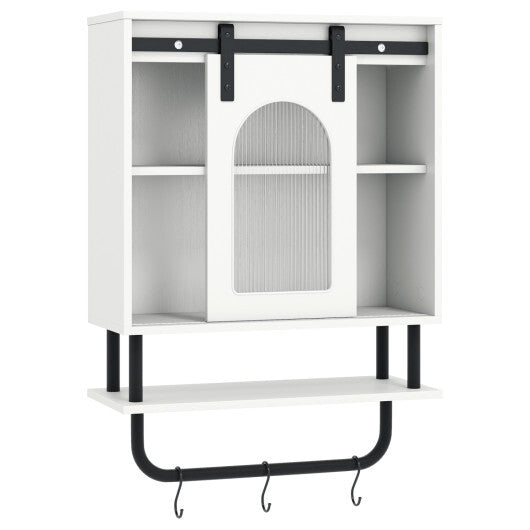 Bathroom Wall Cabinet with Sliding Barn Door and Metal Hanging Bar with 3 Hooks-Black