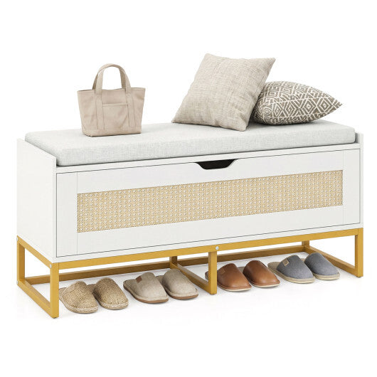 39.5" Rattan Storage Chest Wicker Shoe Bench with Padded Seat Flip-Top-White LuxuryLifeWay Online Store