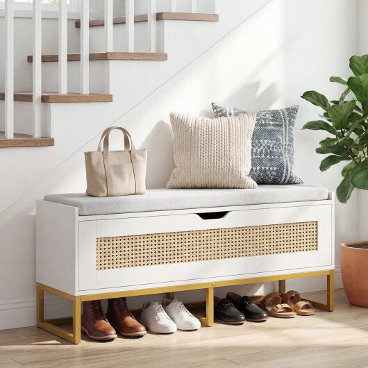 39.5" Rattan Storage Chest Wicker Shoe Bench with Padded Seat Flip-Top-White LuxuryLifeWay Online Store